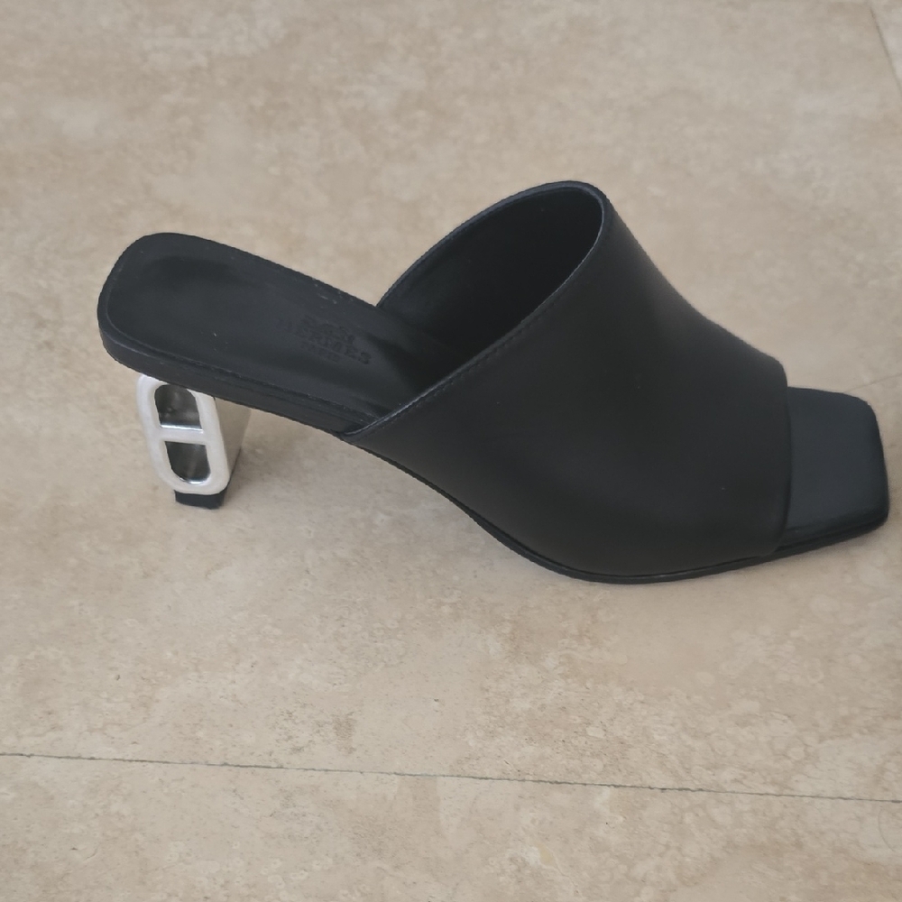 Hermes Black Leather Square-Toe Mules